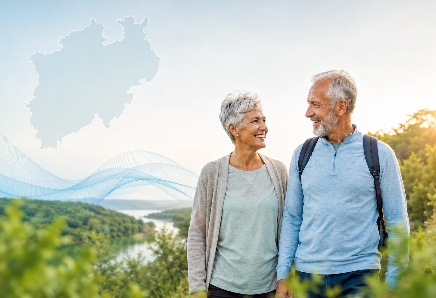 Zwei glückliche Personen, die sich anschauen. Eine NRW Landkarte im Hintergrund.