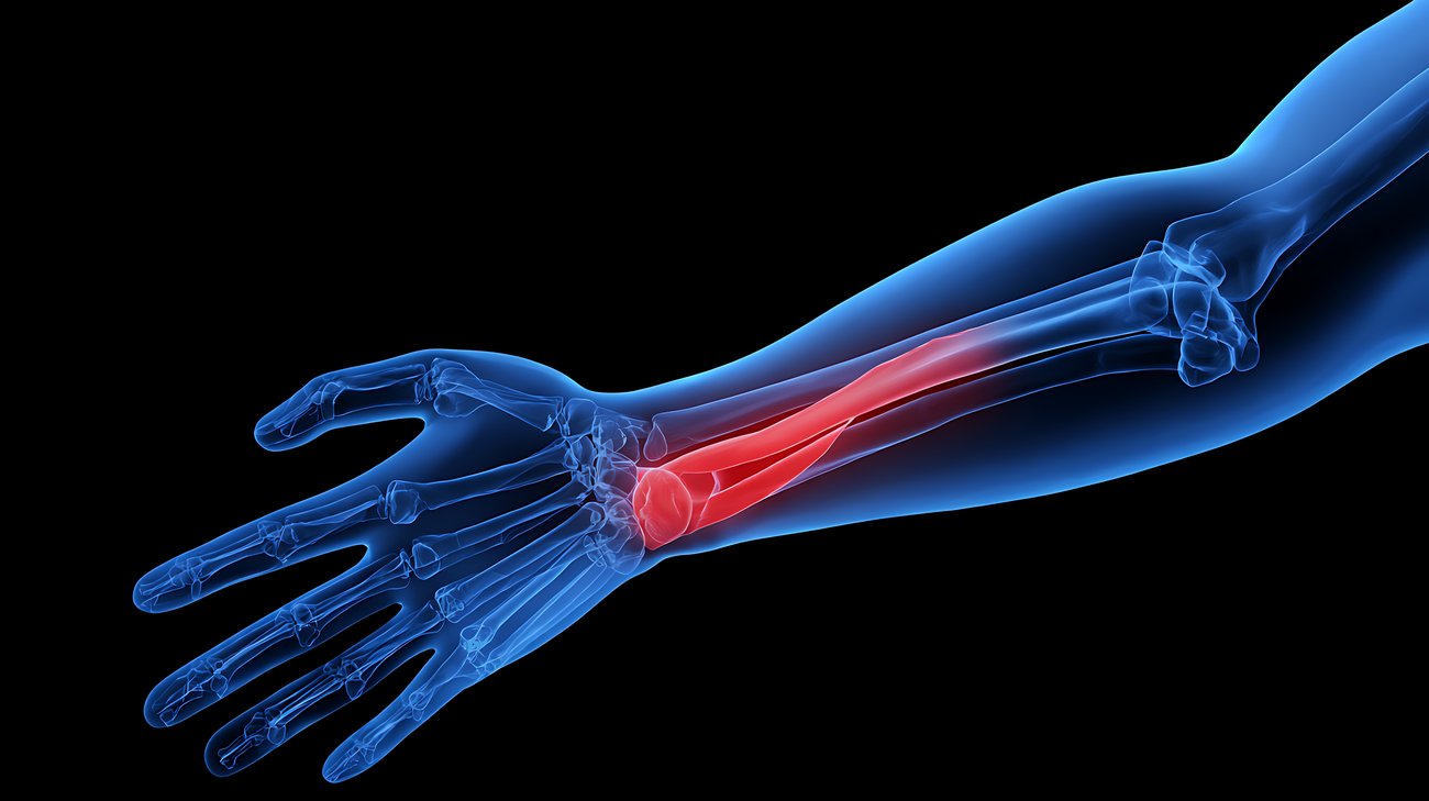 Menschlicher Arm: Röntgenaufnahme mit hervorgehobenen Unteramknochen. Medizinische Illustration von Radius und Ulna auf schwarzem Hintergrund. Von AZZ AI